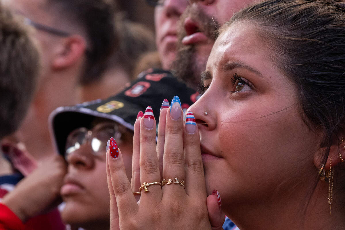 Fans look on nervously during the USA Round of 16 match vs. Belgium at the Power & Light District on Monday, July 6, 2026.