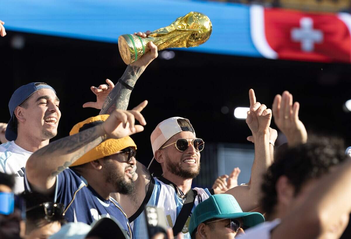 Argentina fans cheer on their team before their FIFA World Cup quarterfinal match against Switzerland at Kansas City (Arrowhead) Stadium in Kansas City on Saturday, July 11, 2026.