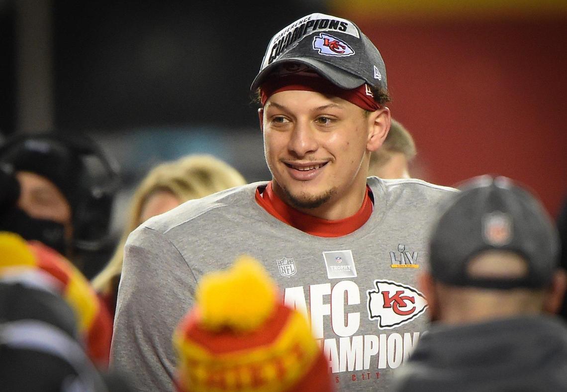 Chiefs quarterback Patrick Mahomes looks over the crowd during the post-game celebration after the Chiefs won the AFC Championship Game, 38-24, over the Buffalo Bills on Sunday, Jan. 24, 2021, at Arrowhead Stadium in Kansas City.