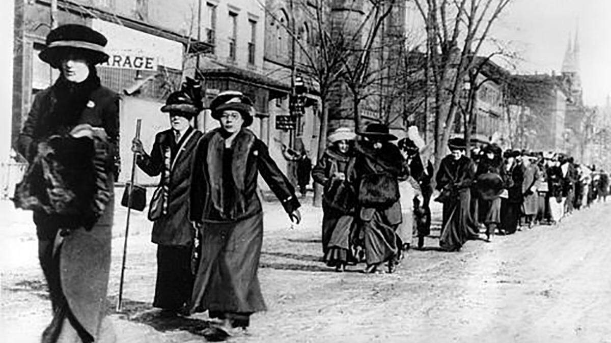 Suffragists led by “General” Rosalie Jones march from New York on their way to the Woman Suffrage Procession in Washington D.C., on the eve of Woodrow Wilson’s inaugural in March 1913.