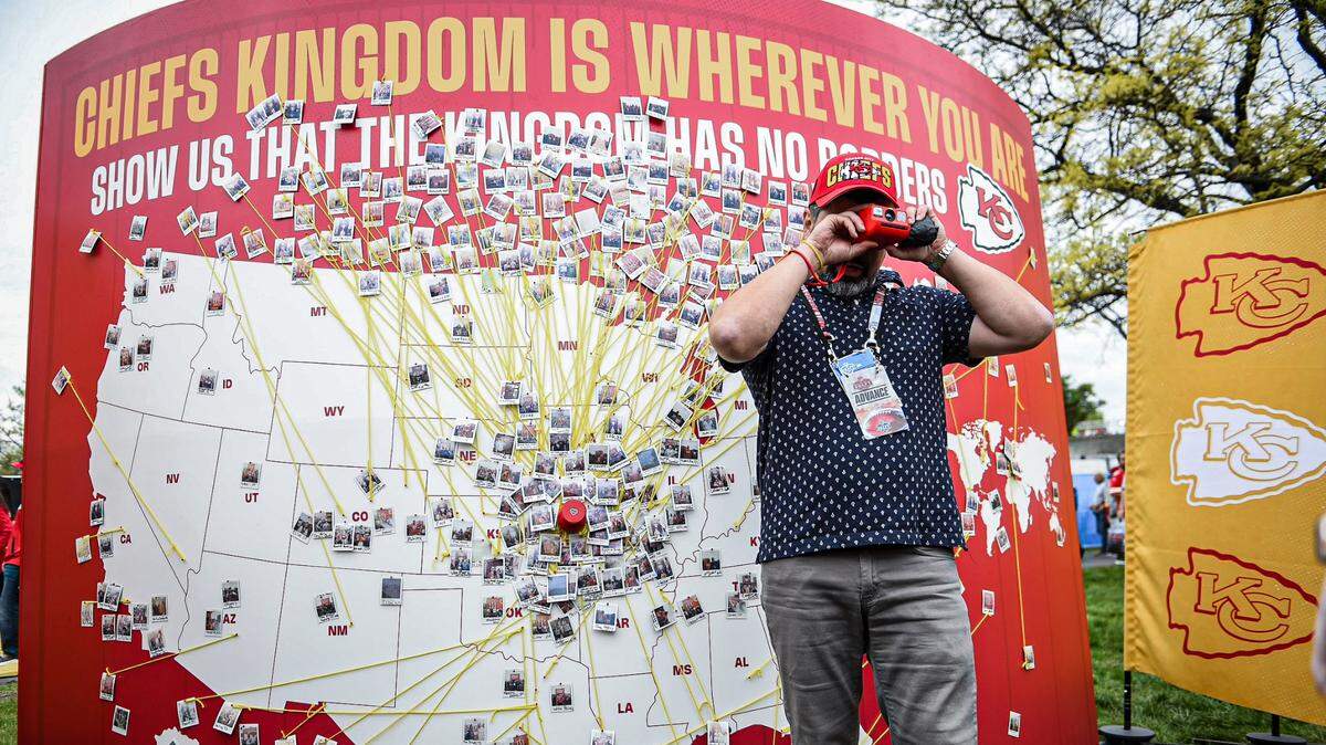 A giant map at the Chiefs Kingdom Experience is filled with photos of Chiefs fans to show where they are from at the NFL Draft Experience Thursday, April 27, 2023, at the National WWI Museum and Memorial in Kansas City.
