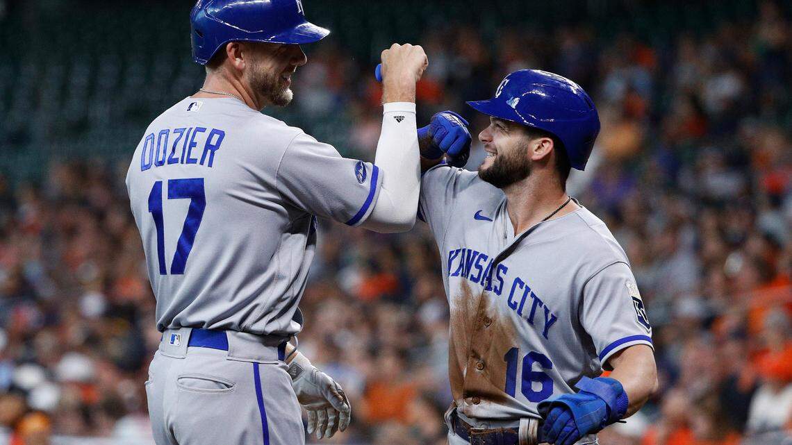 Kansas City Royals’ Hunter Dozier celebrates with Andrew Benintendi after hitting a two-run home run off Houston Astros starting pitcher Cristian Javier during the first inning of a baseball game Wednesday, July 6, 2022, in Houston. (AP Photo/Kevin M. Cox)