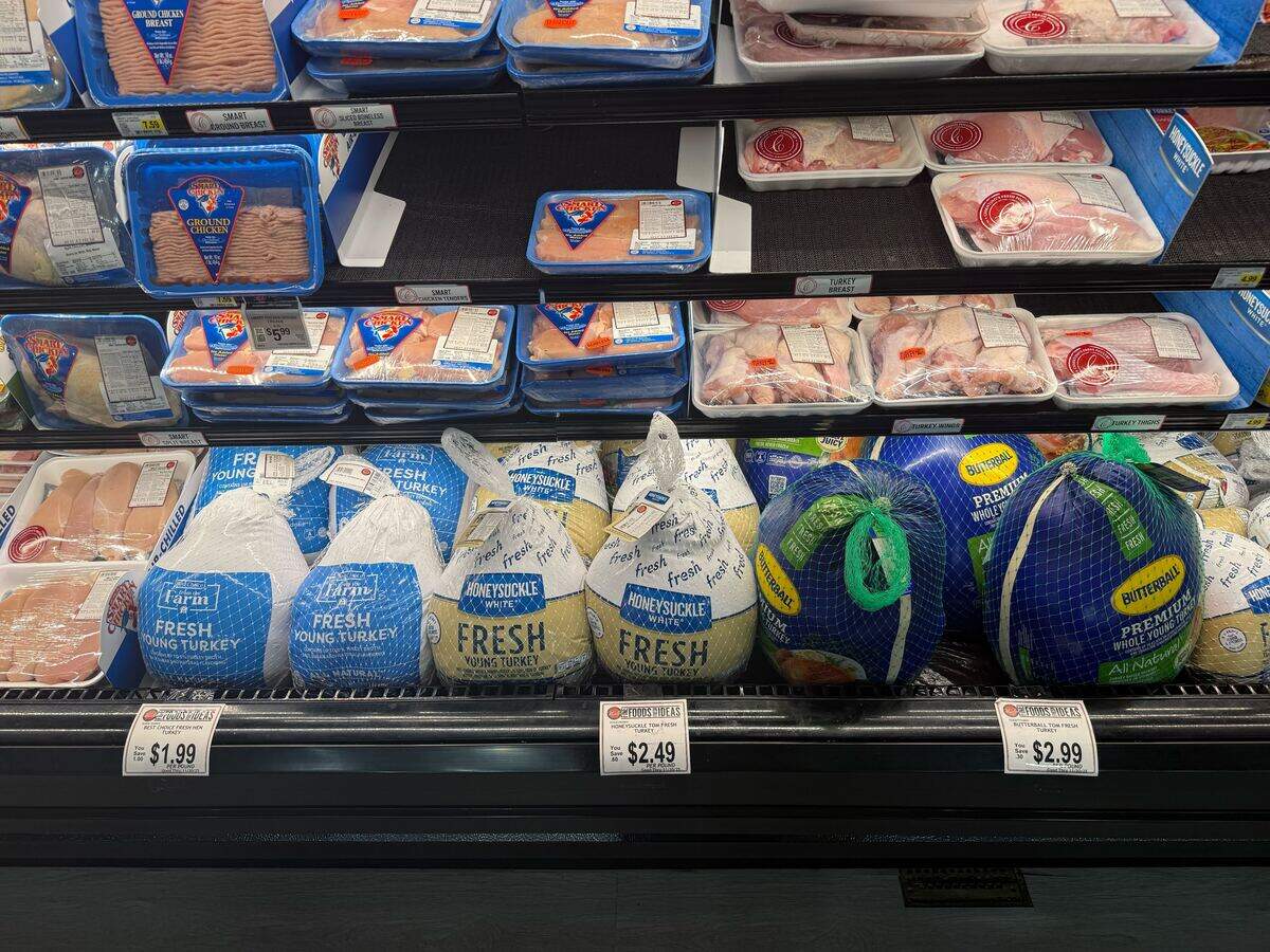 A group of turkeys up for sale at Cosentino’s Market, 14 W. 62 Terrace.