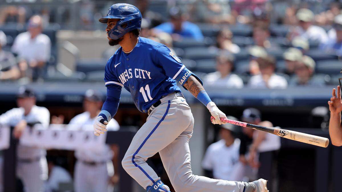 Kansas City Royals third baseman Maikel Garcia follows through on an RBI single against the New York Yankees during the fifth inning at Yankee Stadium on July 22, 2023.