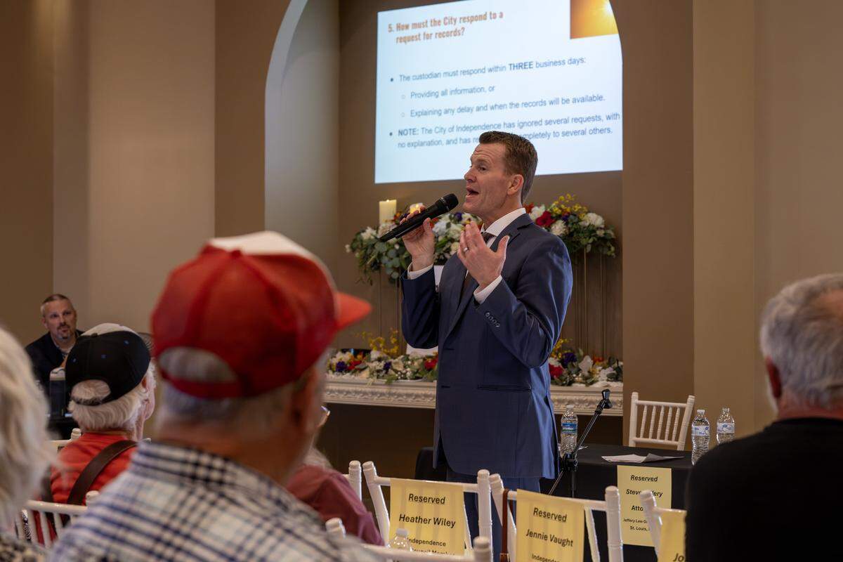Attorney Aaron Cook speaks during a town hall meeting at The Rhapsody on Tuesday, June 2, 2026, in Independence. Organizers discussed ongoing efforts to oppose the proposed Nebius data center project.