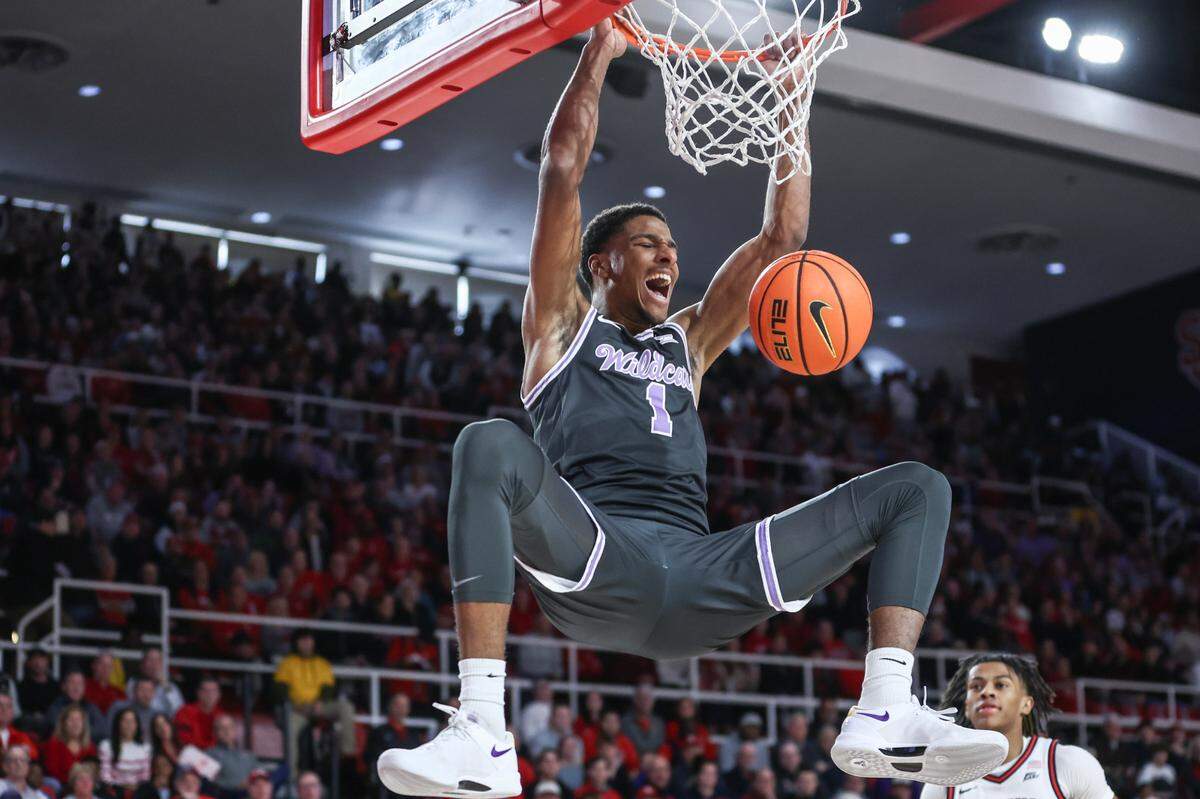 Kansas State Wildcats guard David N’Guessan dunks during a Saturday, Dec 7, 2024 college basketball game against the St. John’s Red Storm at Carnesecca Arena in Queens, New York.