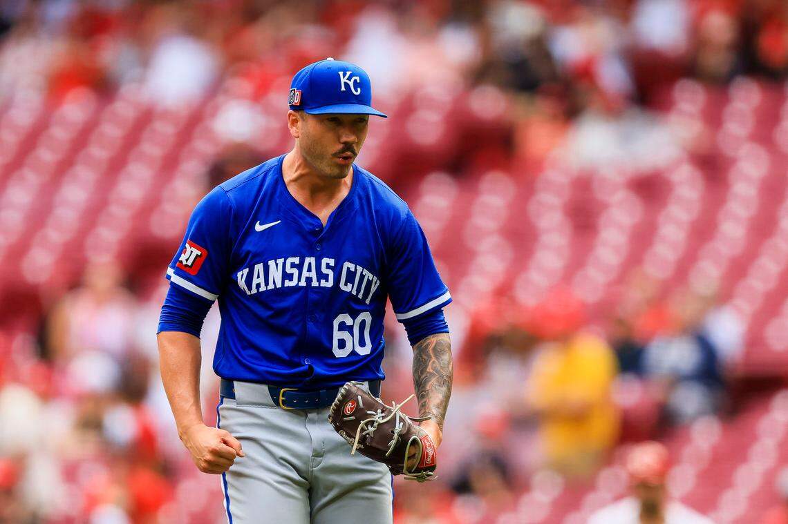 Kansas City Royals reliever Lucas Erceg celebrates after getting the final out in the seventh inning of a game against the Reds at Great American Ball Park in Cincinnati.
