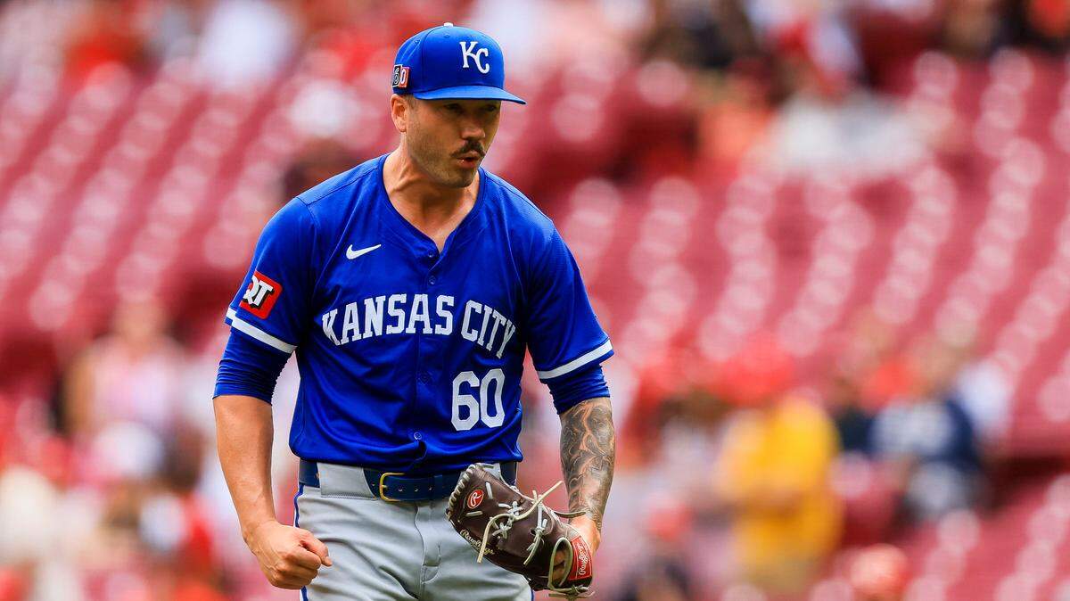 Kansas City Royals reliever Lucas Erceg celebrates after getting the final out in the seventh inning of Sunday’s game against the Reds at Great American Ball Park in Cincinnati.