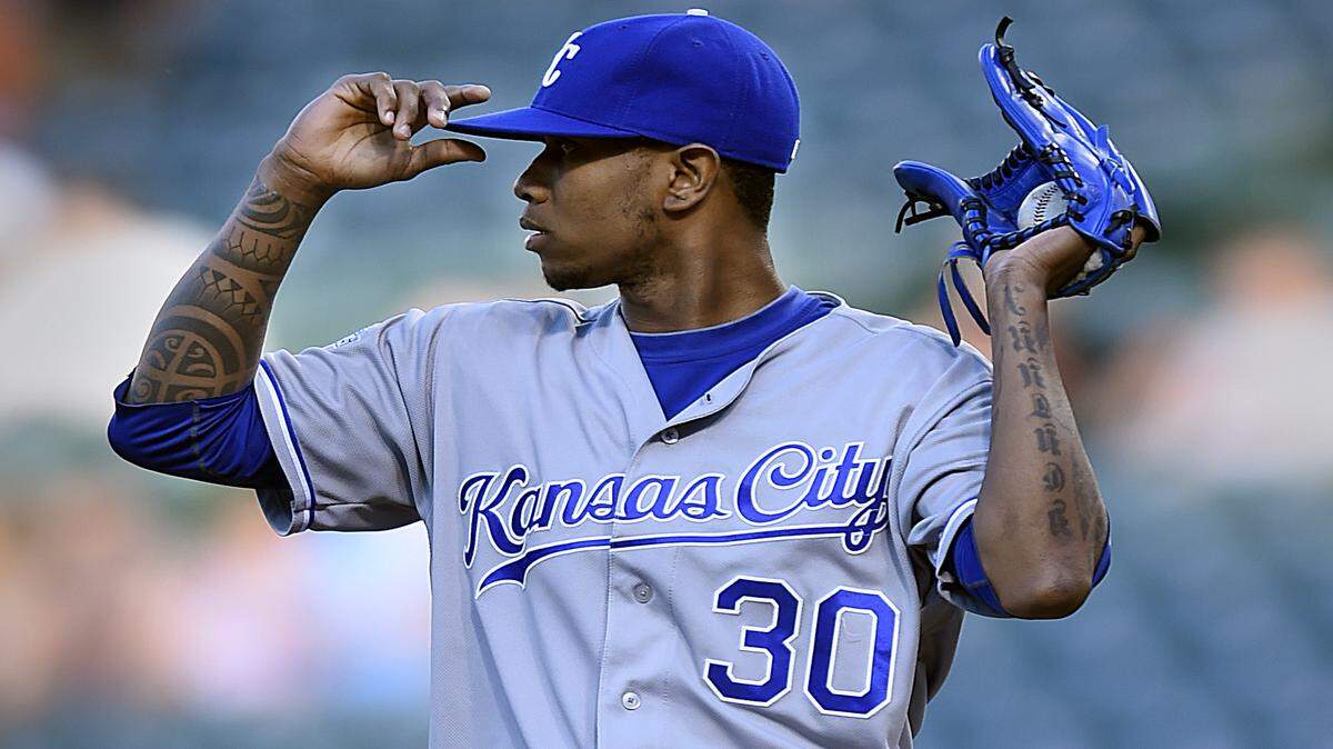Kansas City Royals pitcher Yordano Ventura pauses after giving up four runs to the Baltimore Orioles in the first inning of a baseball game, Tuesday, June 7, 2016, in Baltimore. 