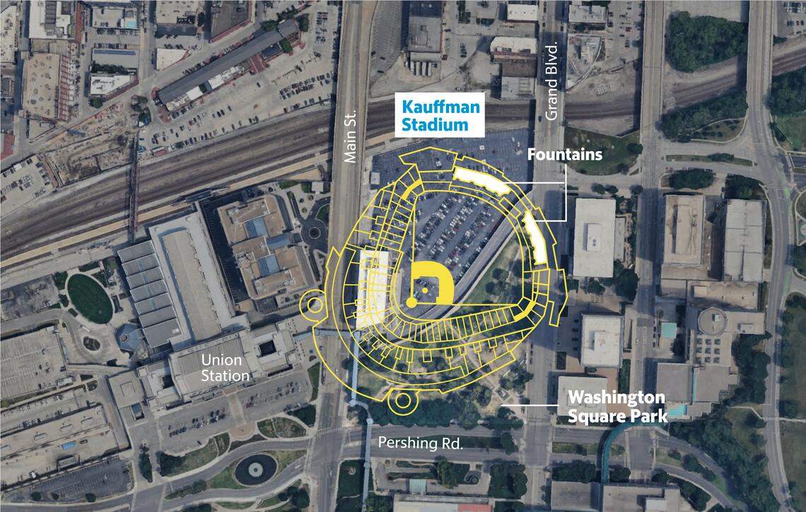 Map of proposed of a new Royals stadium downtown with Kauffman Stadium’s footprint over the Washinton Square Park over it.