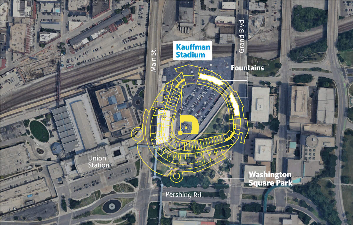 Map of proposed of a new Royals stadium downtown with Kauffman Stadium’s footprint over the Washinton Square Park over it.