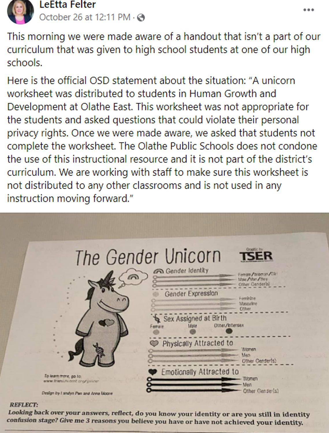 Some parents were outraged when they learned a worksheet was given to some Olathe high school students asking questions about their gender identities. School board member LeEtta Felter shared the district’s response on Facebook.