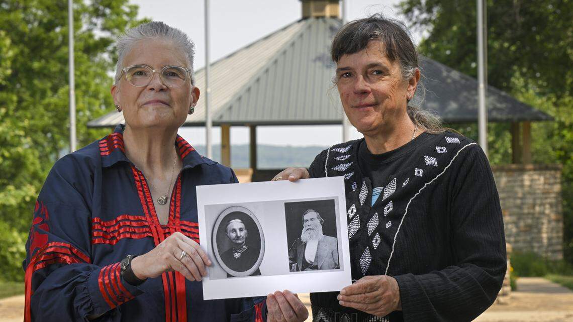 Descendants of one of the original Quindaro families, Holly Zane, left, and her sister, Kristen Zane, right, are members of the Wyandot Nation of the Kansas (Bear Clan). They hold a photograph of their great-great- grandparents, Wyandot indigenous abolitionists, Rebecca Ann (Barnes) Zane and Ebenezer Orliss Zane Sr. The couple owned the Wyandot House Hotel in Quindaro and helped to safeguard escaped slaves in the hotel and a nearby cistern. Holly Zane is Associate Director at Freedom’s Frontier National Heritage Area. Quindaro is a site on the Underground Railroad.