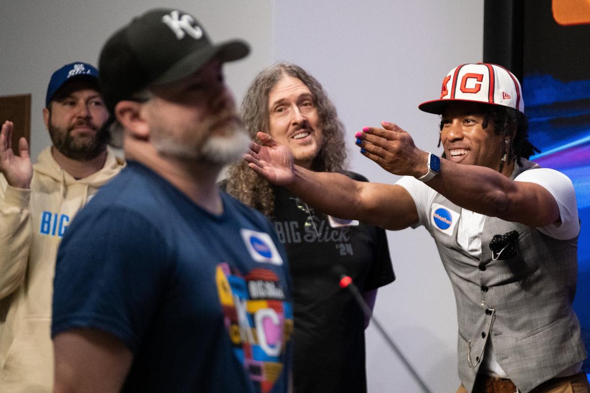 Jonathan Fernandez reacts to a teammate’s answer during a round of Friendly Feud at the Big Slick Press Conference on Friday, May 31, 2024, at Children’s Mercy Research Institute.