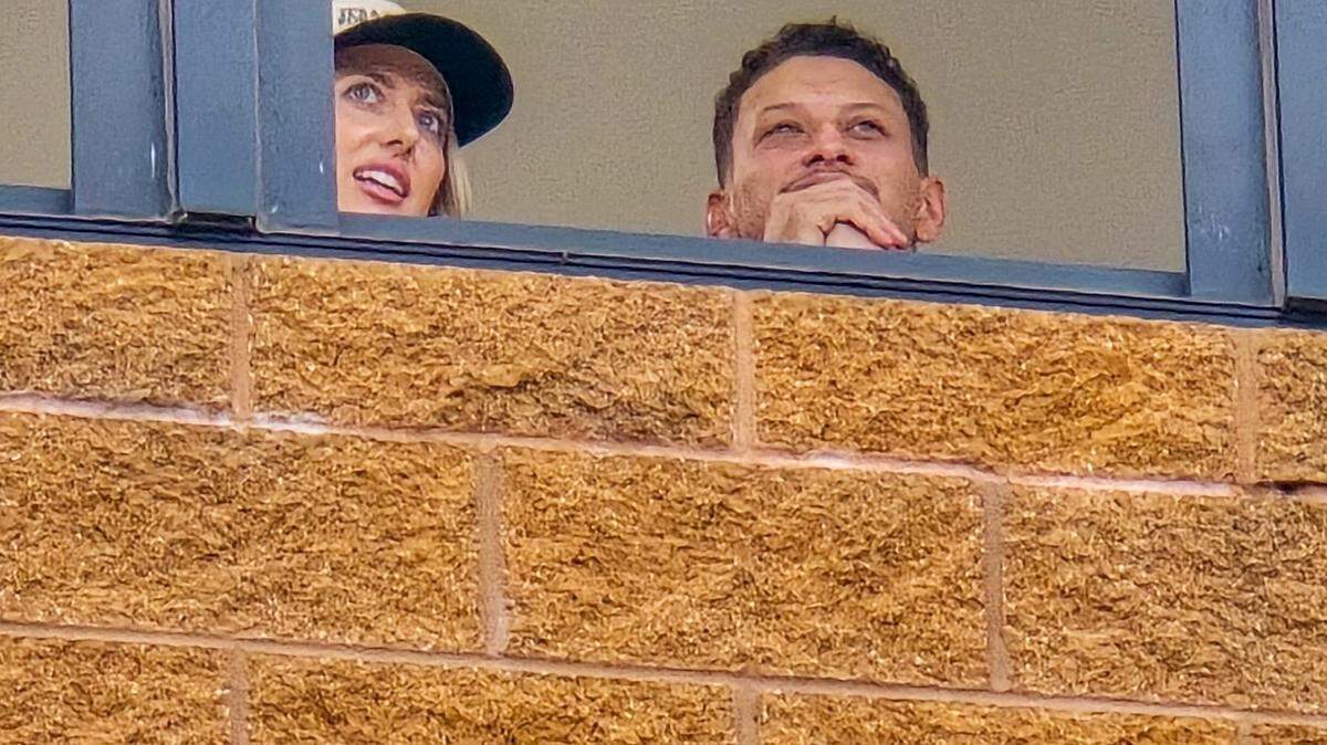 Patrick Mahomes and his wife, Brittany, attend the Texas Tech softball team’s Game 2 contest against Texas in the championship of the Women’s College World Series, Thursday, June 5, 2025, at Devon Park in Oklahoma City.
