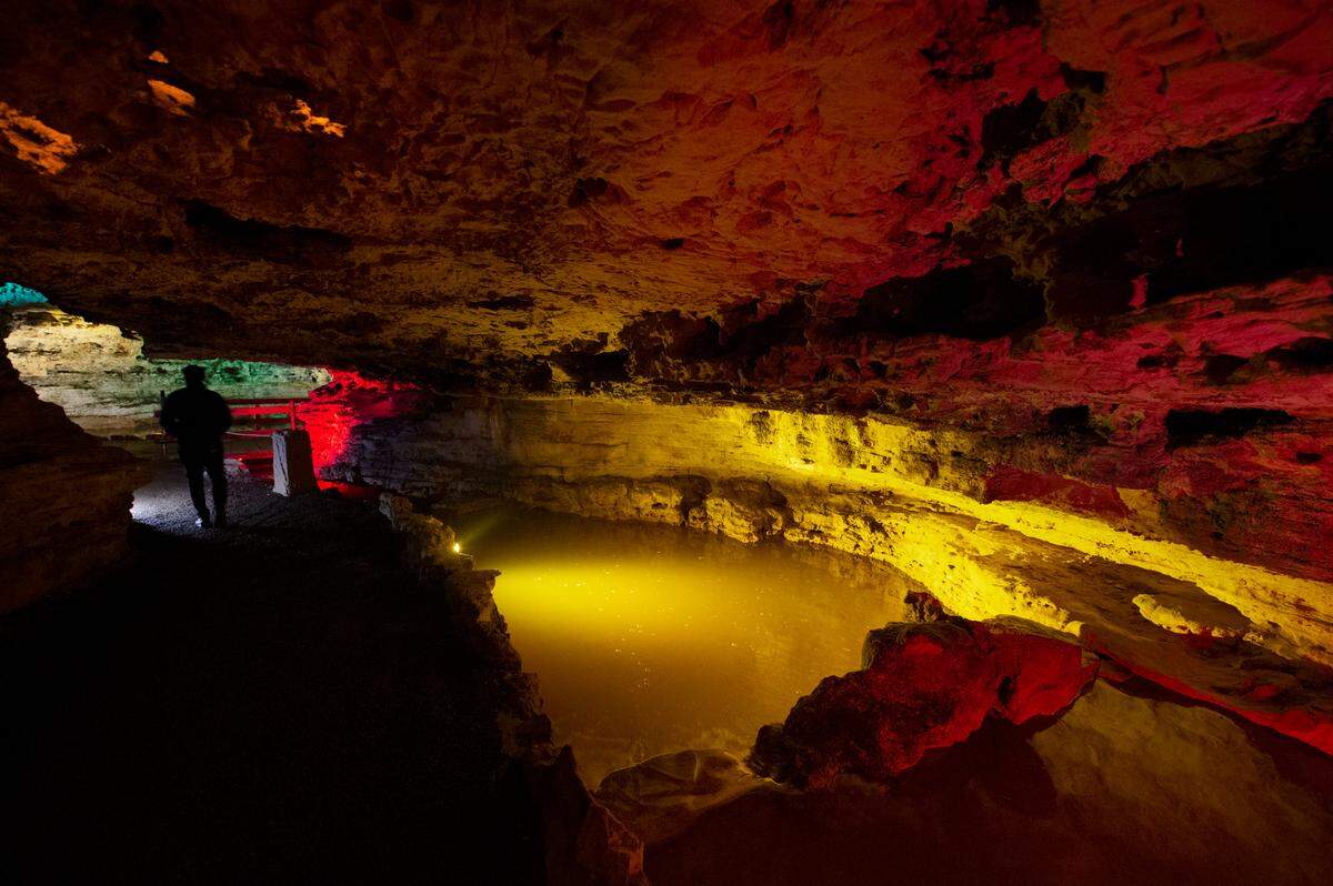 This part of Stark Caverns in Eldon is called the River Styx. These pools help traffic water through the cave system and also serve as a habitat for salamanders, crayfish, and frogs.