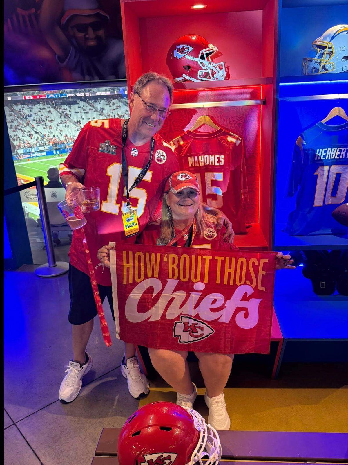 Lee Ann Thorp (sitting) traveled to São Paulo for the Kansas City Chiefs’ season opener against the Los Angeles Chargers with her husband, their daughter and son-in-law (not pictured). Corinthians Arena, the stadium hosting the game, had plenty of photo opportunities for visiting fans.