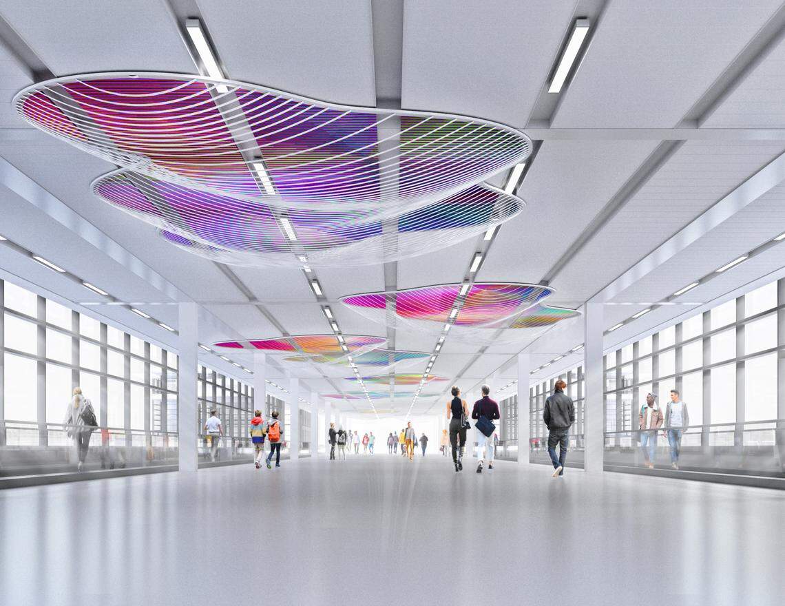 A rendering of the installation “Cloud Gazing” by Michael Szivos shows what the work may look like once installed in the 630-foot-long concourse at the new single terminal at Kansas City International Airport. The proposal may not reflect the look of the final design.