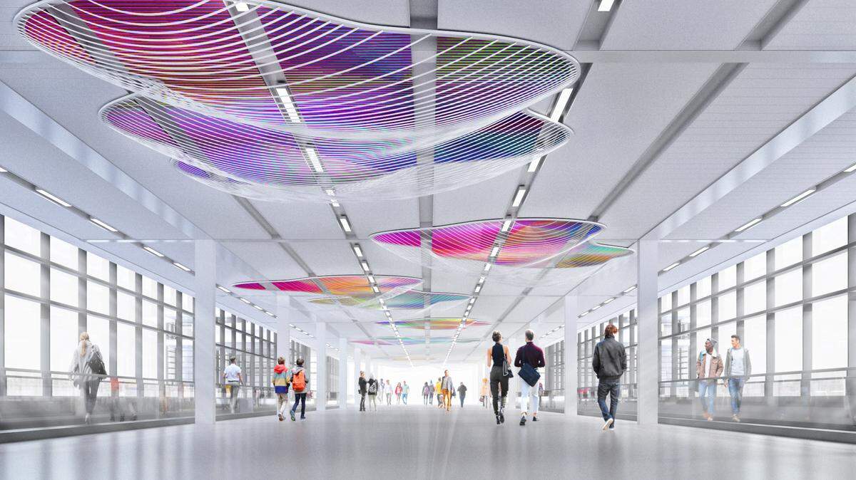 A rendering of the installation “Cloud Gazing” by Michael Szivos shows what the work may look like once installed in the 630-foot-long concourse at the new single terminal at Kansas City International Airport. The proposal may not reflect the look of the final design.