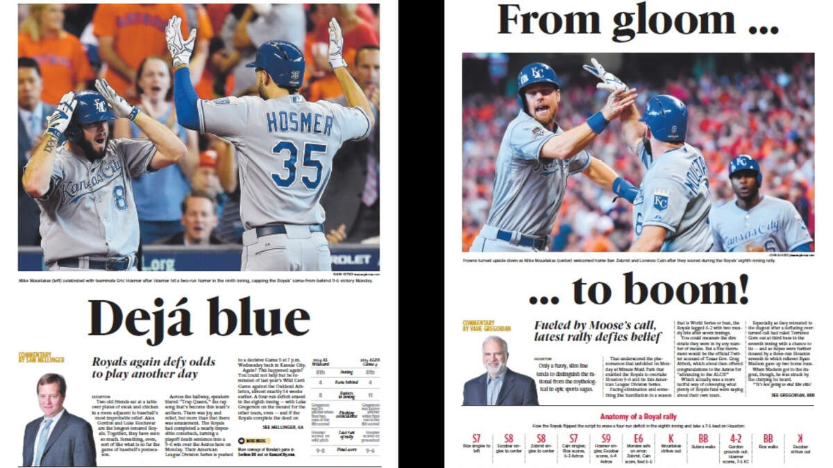 The front page of The Kansas City Star and the sports section the day after the Royals beat the Astros in Game 4 of the American League Division Series on Oct. 12, 2015.