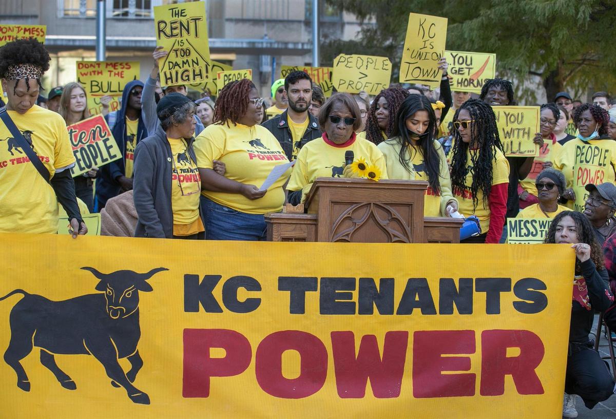 Denise Brown (at podium) spoke at the KC Tenants Power rally in October at Ilus Davis Park. KC Tenants Power is a 501(c)(4) organization which will focus on issue education and building political power.