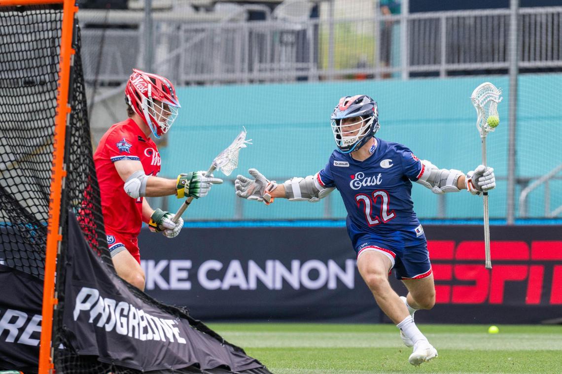 Michael Sowers of Team East maneuvers around the goal in the first quarter of the Lexus Men’s Lacrosse League All-Star Game at CPKC Stadium on Saturday, July 5, 2025.