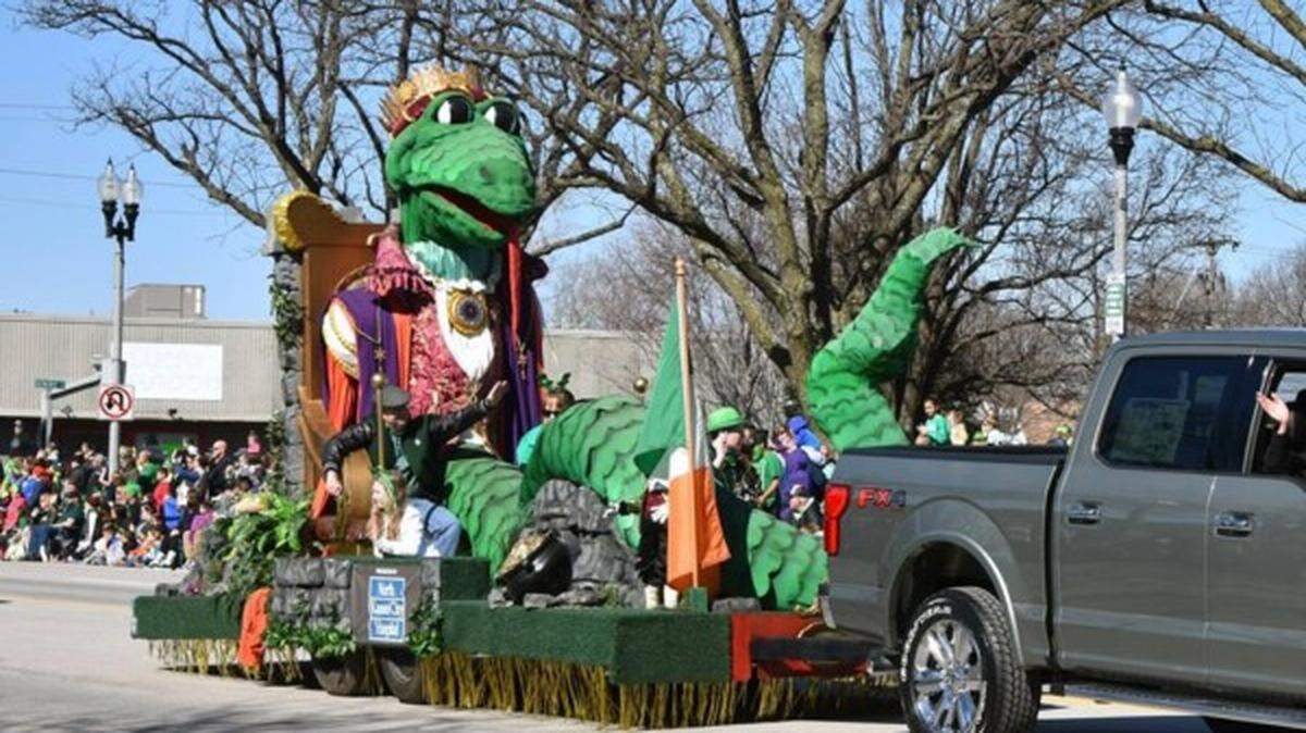A float featuring a snake driving down Snake Saturday’s parade route in 2022. The celebration begins Saturday in North Kansas City.