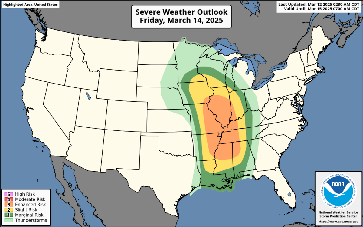 Parts of Missouri are at an enhanced risk of severe weather Friday afternoon as a powerful early spring storm system moves through the United States, according to the National Weather Service’s Storm Prediction Center.
