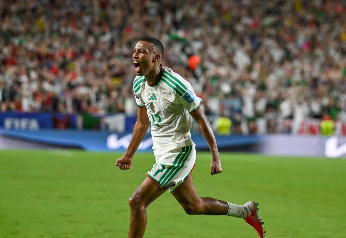 Algeria defender Rafik Belghali (17) celebrates after a goal during the World Cup game between Algeria and Austria at Kansas City (Arrowhead) Stadium on Saturday, June 27, 2026.