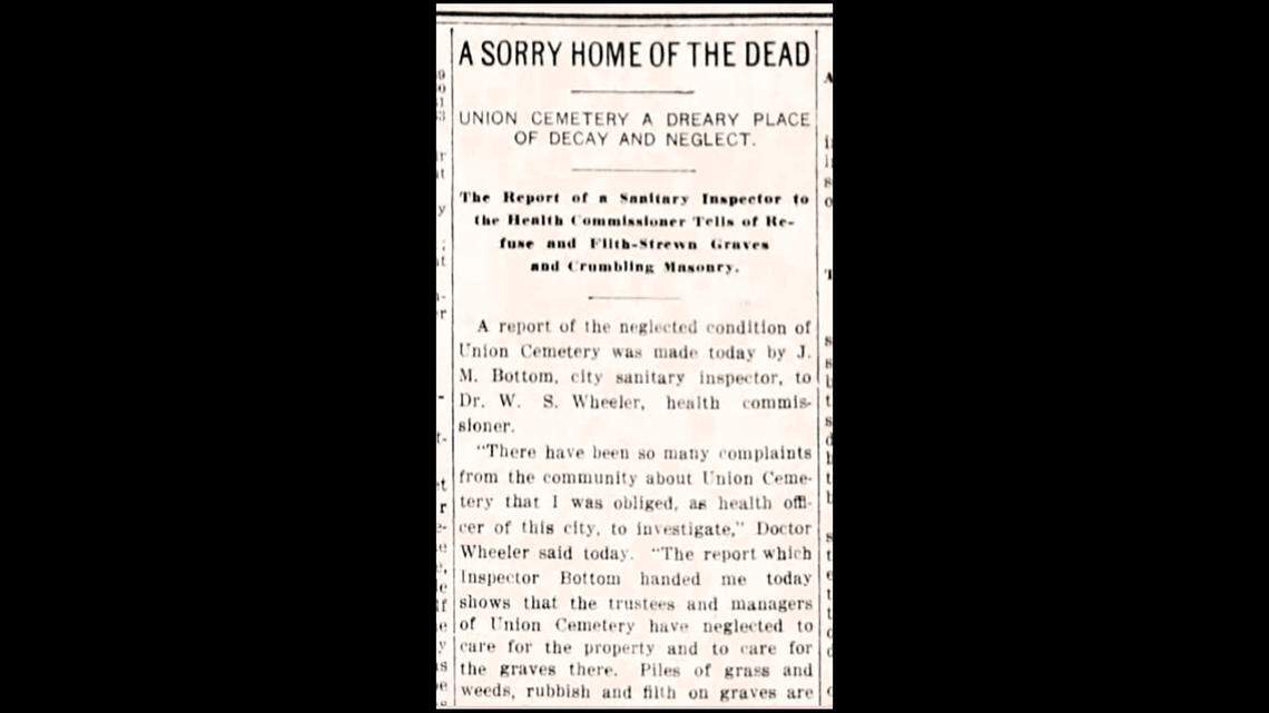 Public complaints in June 1913 sent a sanitary inspector to the neglected Union Cemetery where he found many graves “sunken in, some to the depth of three or four feet, especially in the northwest section, where negroes and paupers are buried.”