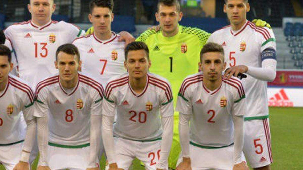 Pictured in the front-middle in a pre-game photo from a previous call-up, Daniel Salloi recently made his international soccer debut for his native Hungarian national team.