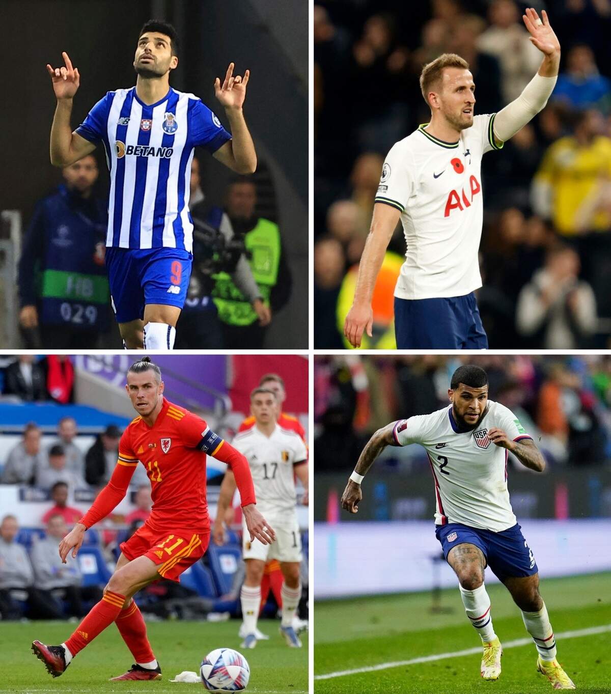 Some of the names we’ll be hearing a lot about from Group B at the World Cup include (clockwise from top left): Iran’s Mehdi Taremi, England’s Harry Kane, USMNT’s DeAndre Yedlin and Wales’ Gareth Bale.