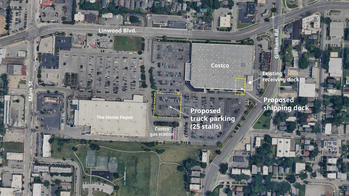 According to zoning documents, the Costco location on Linwood Boulevard plans to convert its warehouse into a business center, adding delivery truck parking and a new shipping dock. Source: MG2