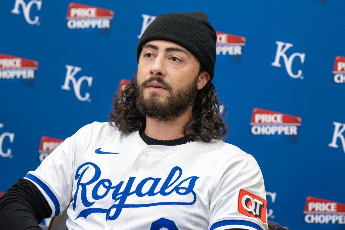 New Royals second basemen Jonathan India (6) takes questions from the media during a press conference at Kauffman Stadium on Saturday, Feb. 1, 2025, in Kansas City.