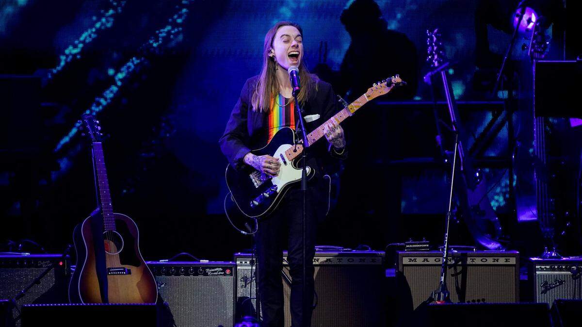 Julien Baker performs during a 2023 concert at Bridgestone Arena in Nashville, Tenn.