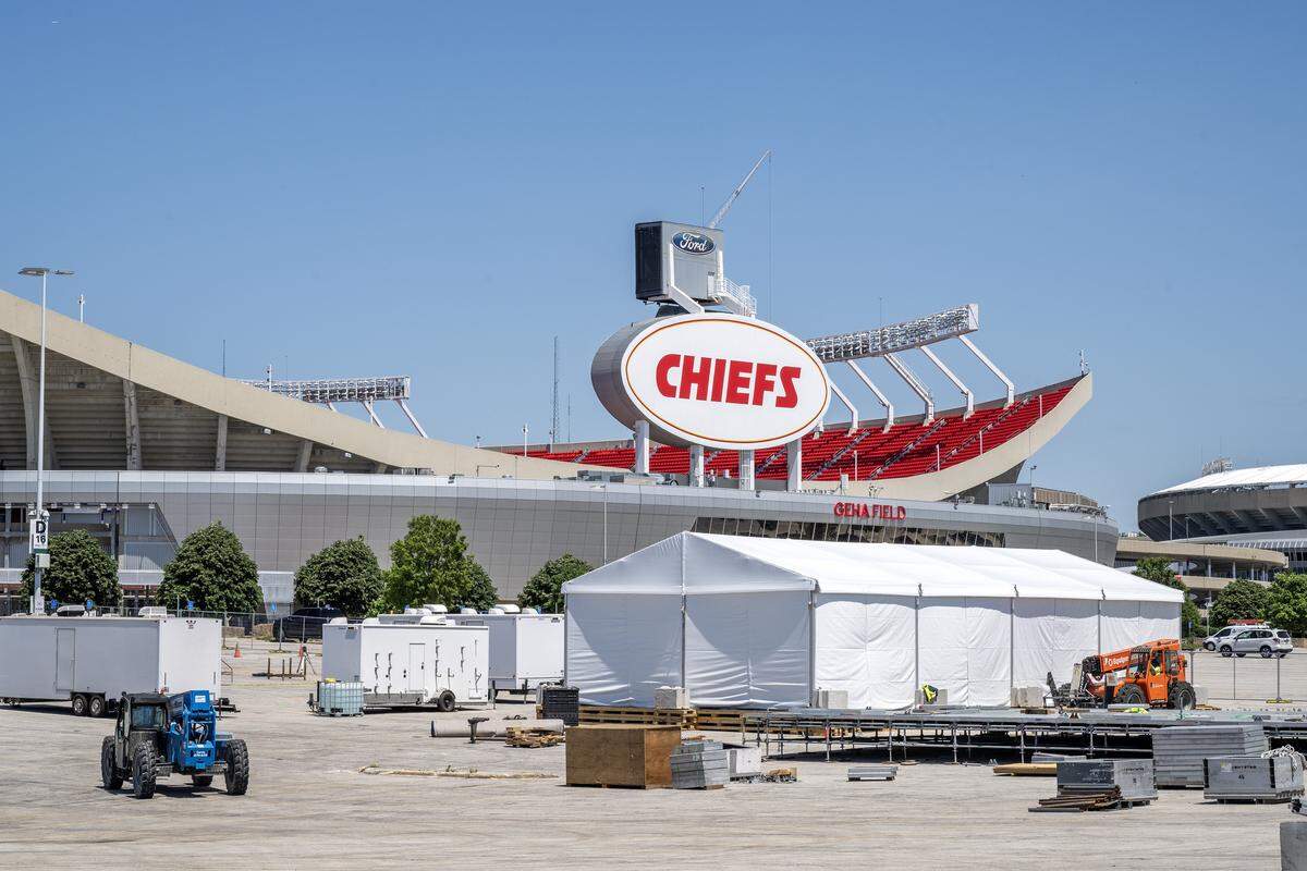 Tents are seen outside GEHA Field at Arrowhead Stadium on Monday, May 11, 2026. Crews are preparing the stadium for the FIFA World Cup.