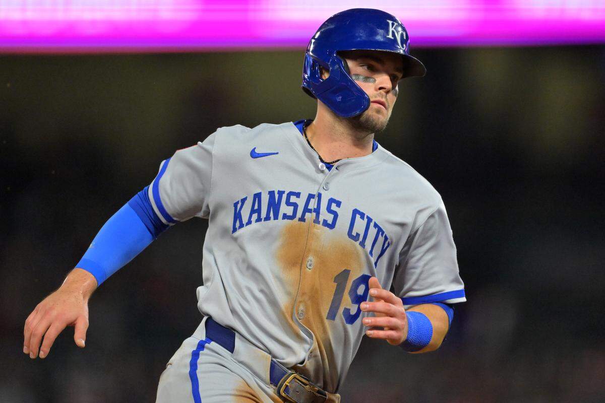 Michael Massey #19 of the Kansas City Royals scores on a double by Bobby Witt Jr. #7 in the sixth inning against the Los Angeles Angels at Angel Stadium of Anaheim on September 25, 2025 in Anaheim, California.