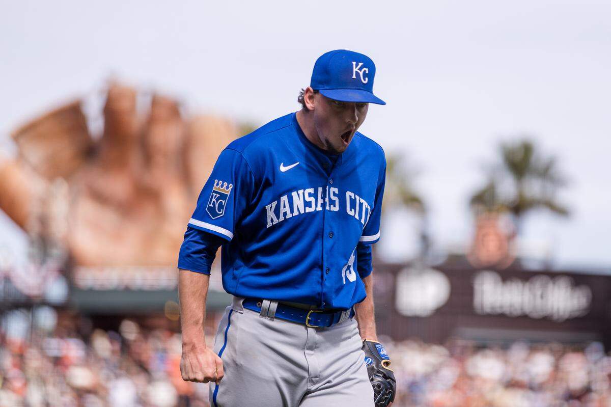 Kansas City Royals relief pitcher Taylor Clarke (45) reacts after ending the inning with San Francisco Giants runners loading the bases during the eighth inning at Oracle Park on April 8, 2023.