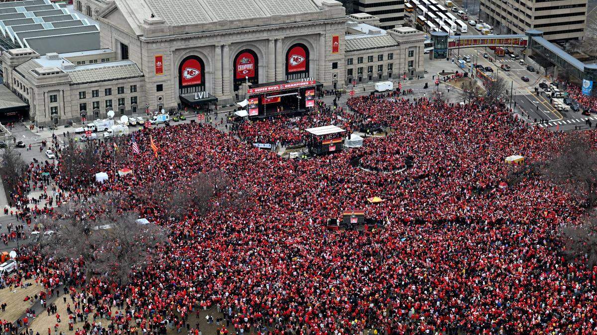 A massive crowd gathered in front of Kansas City’s Union Station to welcome the Super Bowl winning Kansas City Chiefs at the end of the team’s victory parade on Feb. 15, 2023.