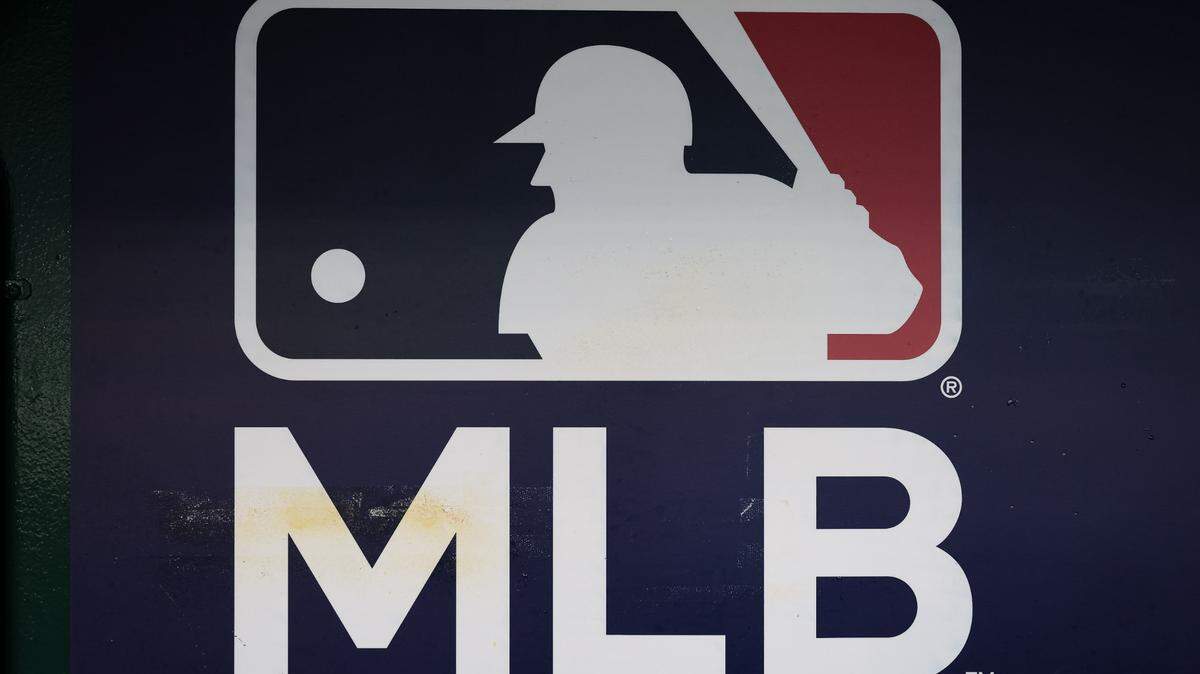 A view of the MLB logo in the dugout during the game between the Washington Nationals and the Philadelphia Phillies at Nationals Park.