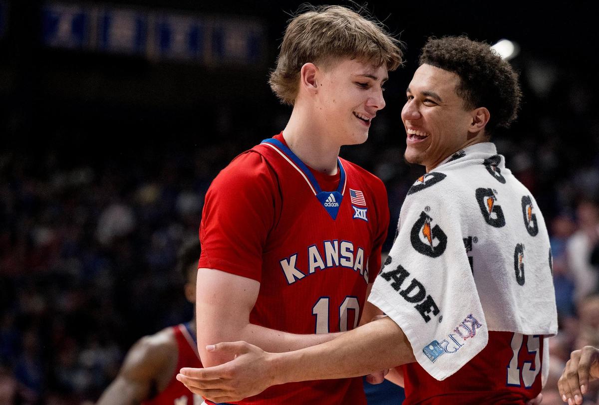 After one season with the Kansas Jayhawks, guard Johnny Furphy (left) was drafted by the Indiana Pacers in the second round of the NBA Draft in 2024.