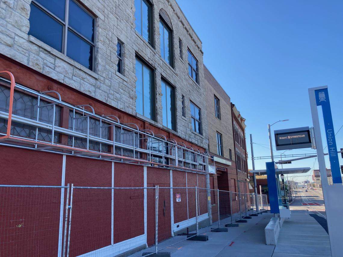 Looking south toward a new streetcar stop erected on Main Street in front of the complex at 31st and Main street, which includes the 1888 Jeserich Building.