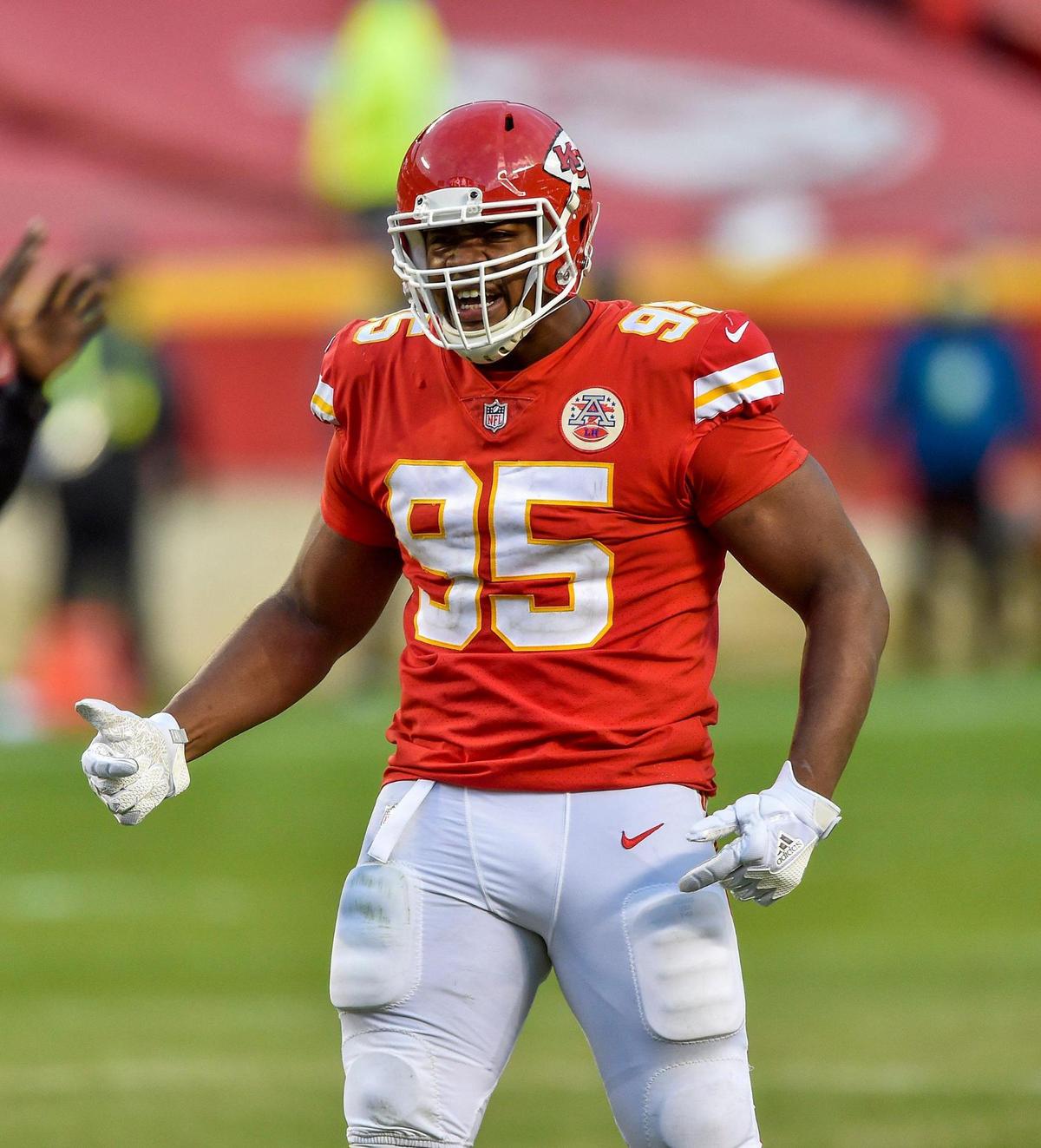 Kansas City Chiefs defensive tackle Chris Jones (95) celebrates after he and middle linebacker Anthony Hitchens tackled Cleveland Browns running back Nick Chubb for no gain in the fourth quarter of the AFC Divisional Playoff game between the Chiefs and the Cleveland Browns at Arrowhead Stadium Sunday, Jan. 17, 2021. The Chiefs defeated the Browns 22-17.