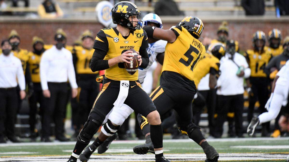 Missouri quarterback Connor Bazelak drops back to pass during the second half of an NCAA college football game against Kentucky Saturday, Oct. 24, 2020, in Columbia, Mo. (AP Photo/L.G. Patterson)