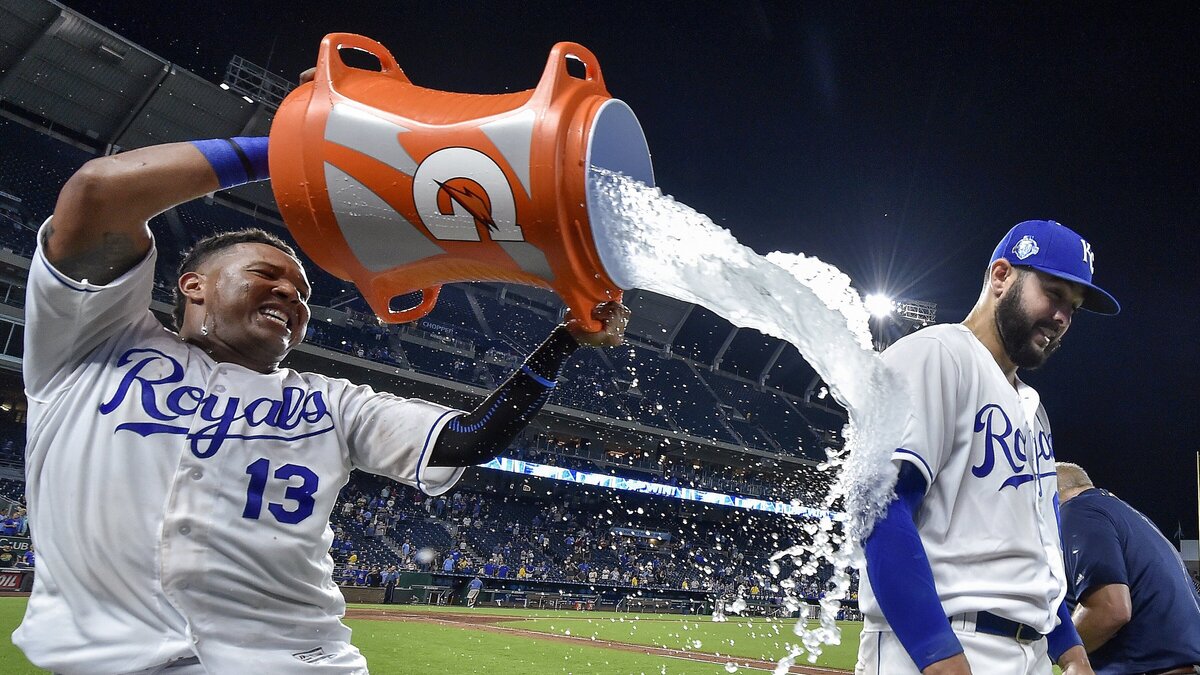 Royals pitcher Jakob Junis got a signature Salvador Perez “Salvy Splash after pitching a complete game against the Detroit Tigers in August of 2018 at Kauffman Stadium.