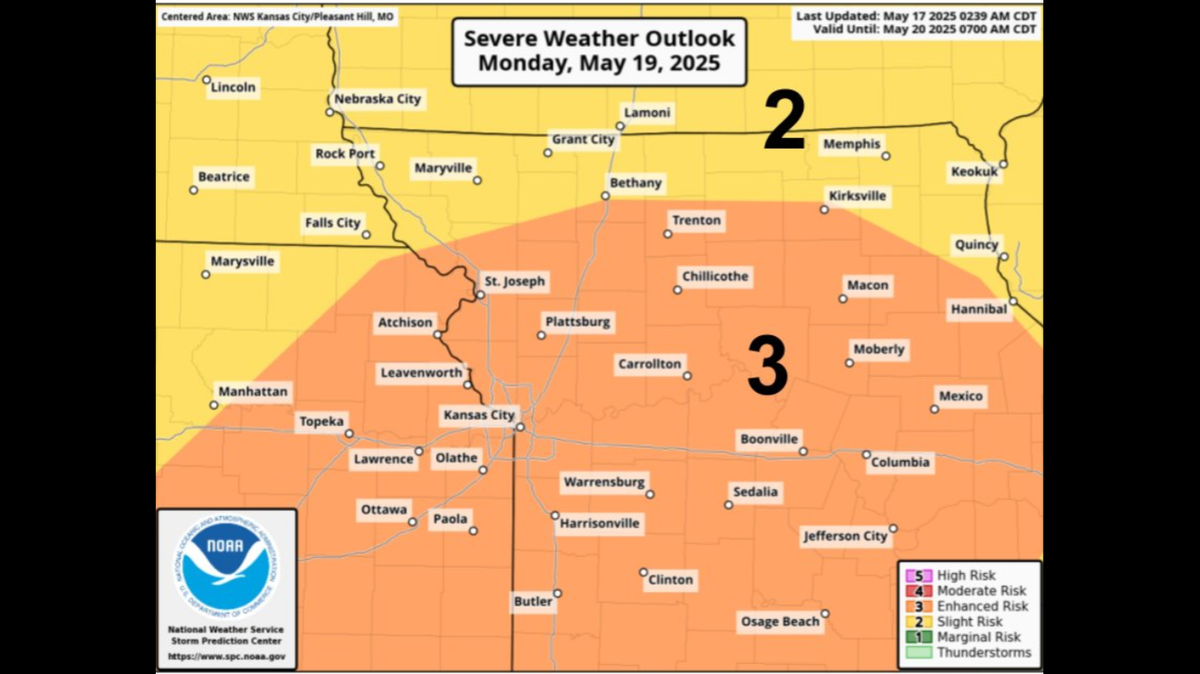 Strong storms could develop in the Kansas City area Sunday and Monday, according to the National Weather Service. The greatest threat is hail, damaging winds, and isolated tornadoes. Flash flooding is possible during predicted heavy rainfall.