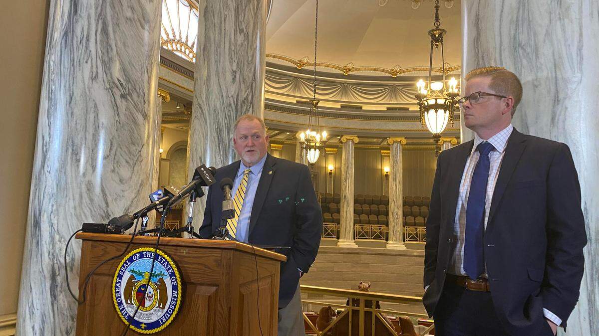 Missouri Senate President Pro Tem Dave Schatz, left, speaks to reporters Friday as Senate Majority Leader Caleb Rowden stands nearby. The Senate voted to adjourn several hours before the official 6 p.m. end of the legislative session.
