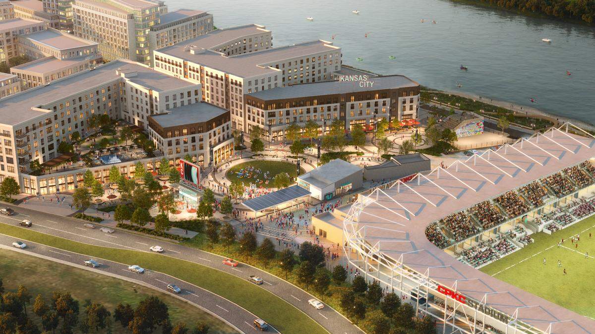 A rendering of future redevelopment along the Missouri River, which will add new apartments, businesses and amenities near the KC Current stadium.
