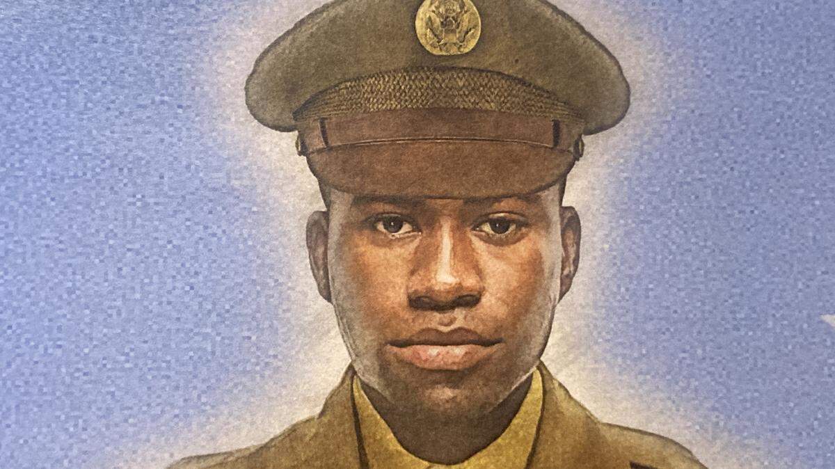 Portrait of Pfc. Willy F. James, Jr. of Kansas City, one of only seven Black soldiers in World War II, to be awarded the Medal of Honor. On Friday, James was posthumously given his honorary high school diploma from Lincoln College Preparatory Academy.