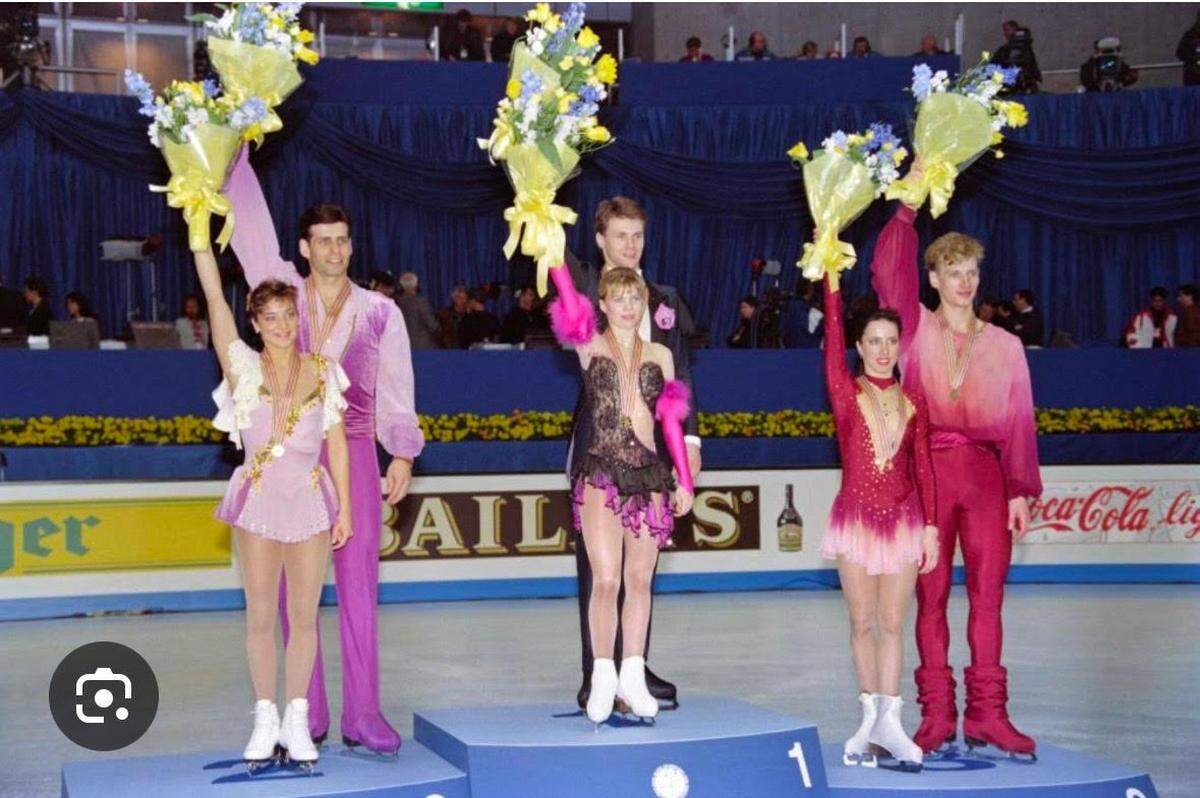 Evgenia Shishkova and Vadim Naumov, center, became an internationally-known figure skating team from Russia in the 1990s. They trained at the same arena as Marina Eltsova and Andrei Bushkov, right. Eltsova, who now lives in Leawood, is grieving the loss of her close friends, Shishkova and Naumov, who were killed in a plane crash in Washington, D.C.